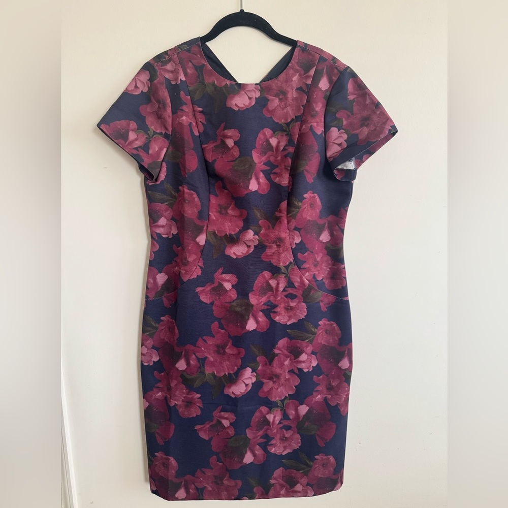 Brooks Brothers Navy Midi Sheath Dress with Magenta Floral Print